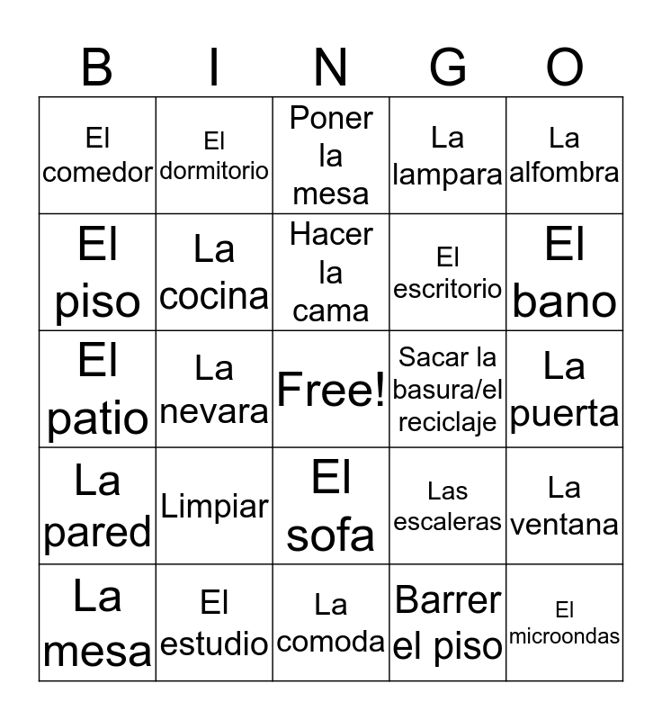 Spanish Vocabulary Bingo!! Bingo Card