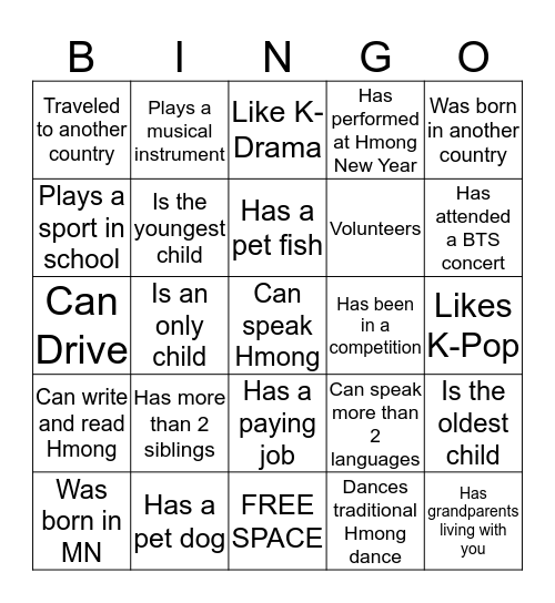 Girls Taking Action Bingo Card