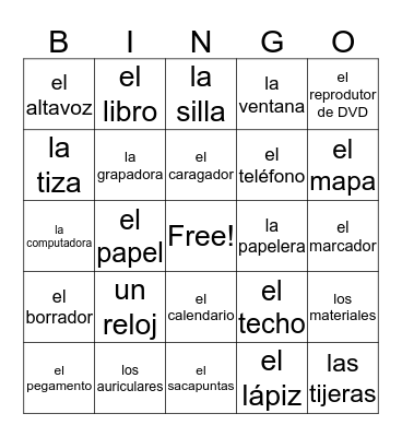 Objects in a Classroom Bingo Card
