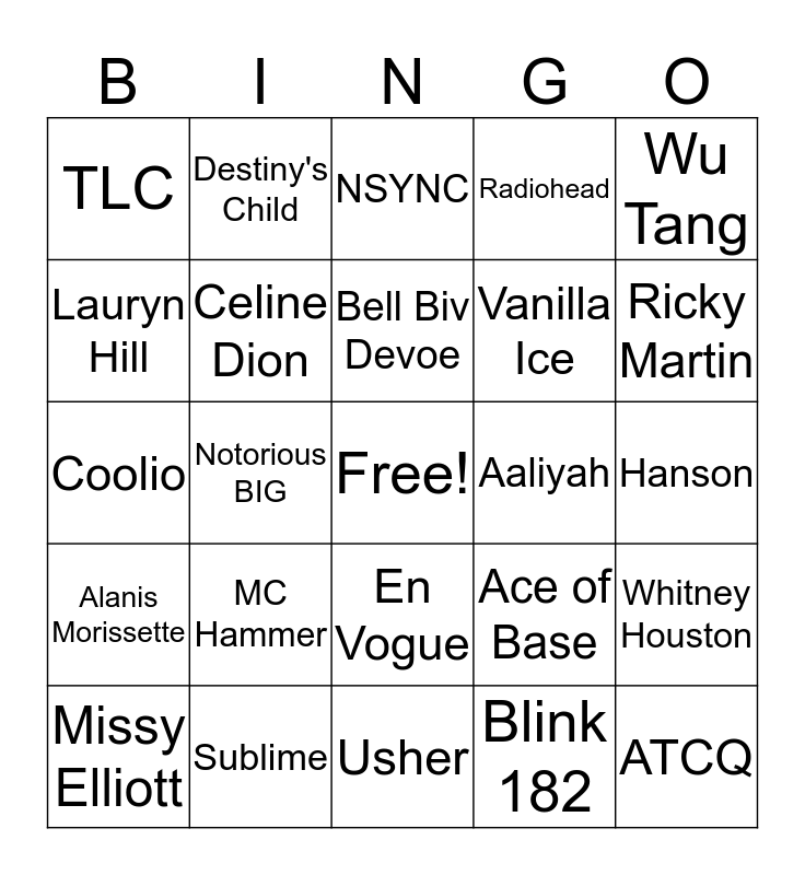 90s Music Bingo Card