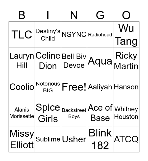90s Music Bingo Card