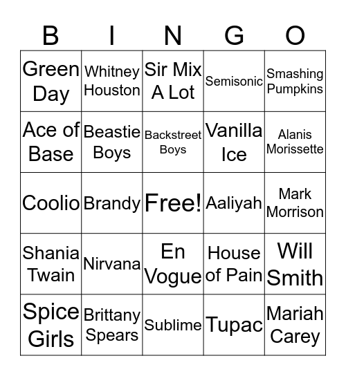 90s Music Bingo Card