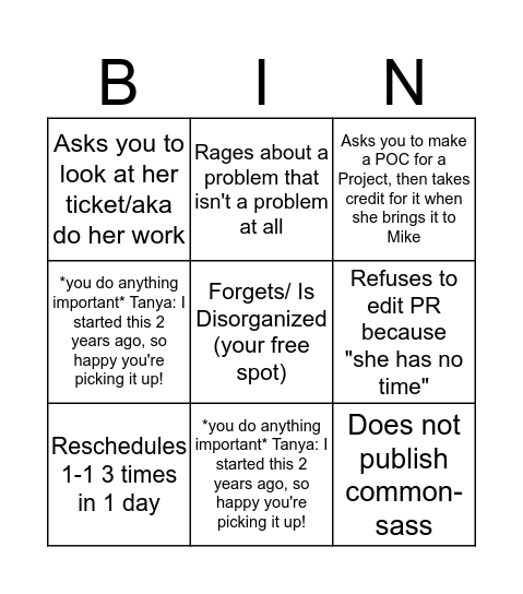Tanya as a BINGO BOARD Bingo Card