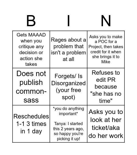 Tanya as a BINGO BOARD Bingo Card