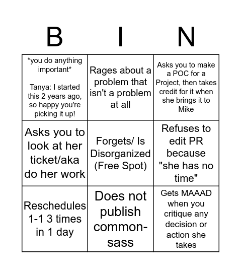 Tanya as a BINGO BOARD Bingo Card