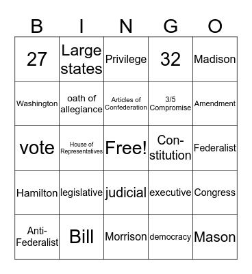Citizenship and The Constitution --Review Bingo Card