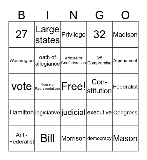 Citizenship and The Constitution --Review Bingo Card