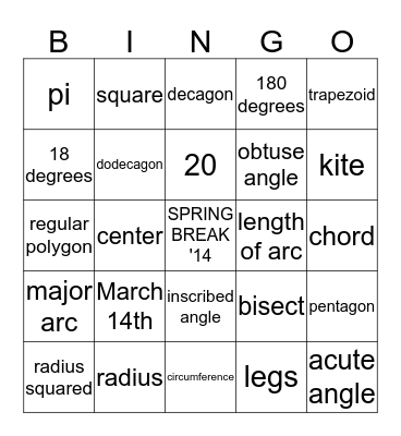 3rd Quarter Geometry Bingo Card