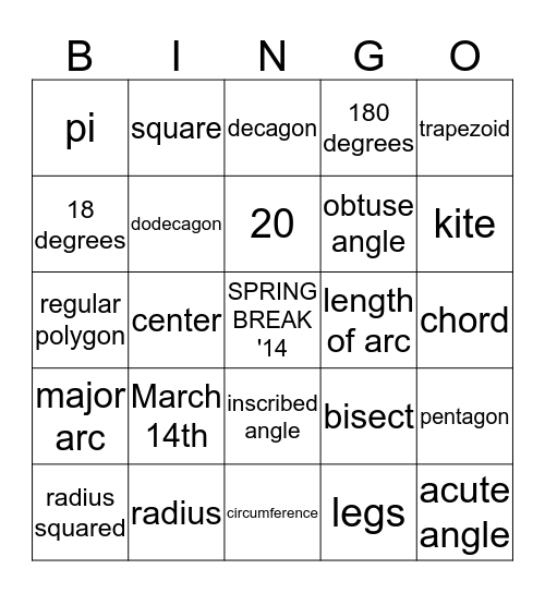 3rd Quarter Geometry Bingo Card