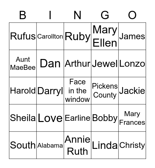 Sanders Family Bingo Card