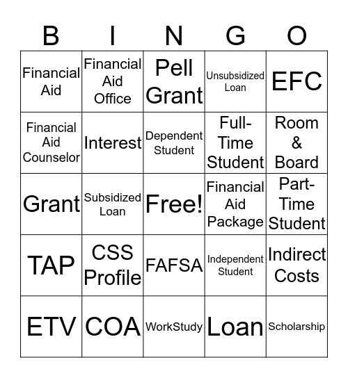 Financial Aid  Bingo Card