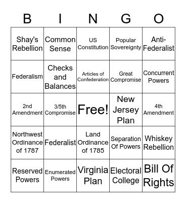 Federalist & Anti-Federalist Bingo Card
