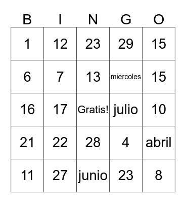 Numbers 1-30 Bingo Card