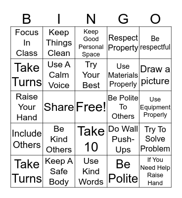 School Ruels Bingo Card