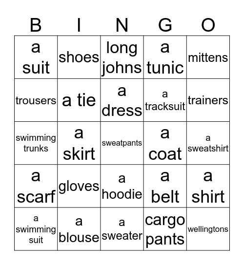 Clothes Bingo Card