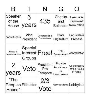 Legislative Branch Bingo Card