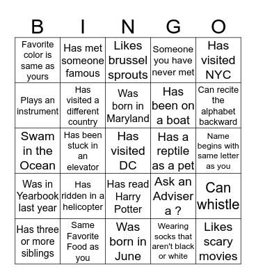 Yearbook Bingo Card