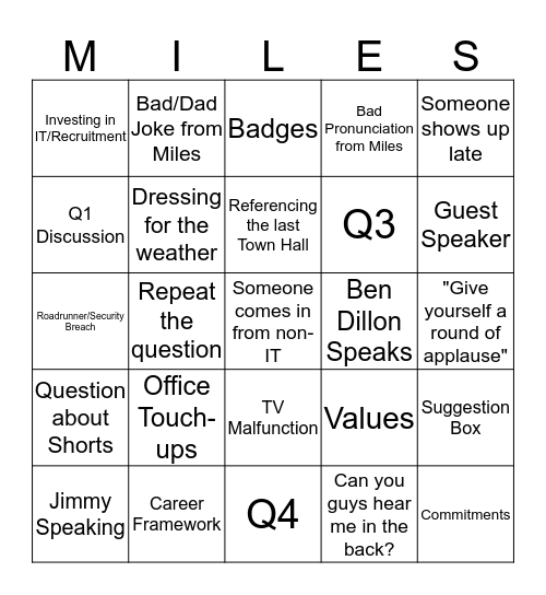 IT Town Hall Bingo Card