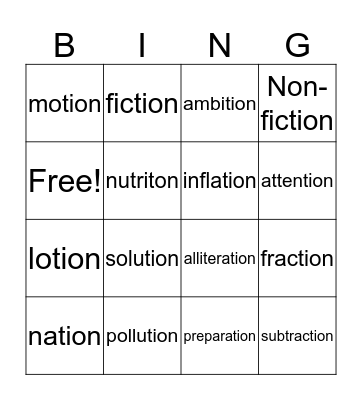 -tion spelling rule Bingo Card