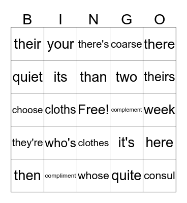 Commonly Confused Words Bingo Card