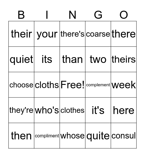 Commonly Confused Words Bingo Card