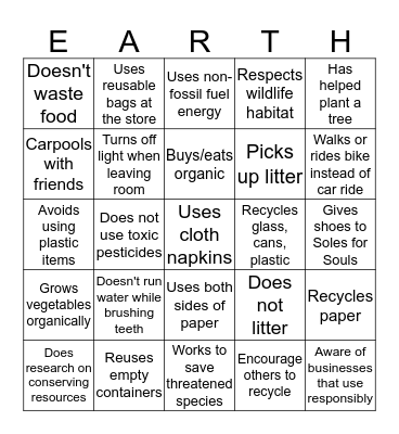 Taking Care of God's Creation Bingo Card