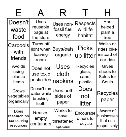 Taking Care of God's Creation Bingo Card