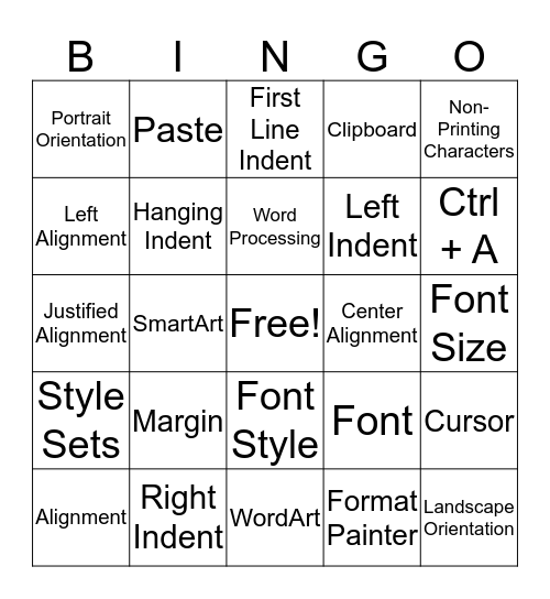Formatting Paragraphs/Text Bingo Card