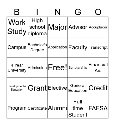 College Knowledge Bingo Card