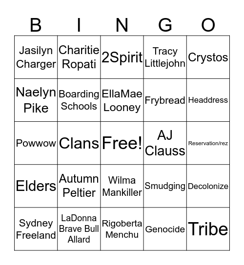 Indigenous Culture Bingo Card