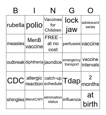 Immunization Coordinator BINGO Card