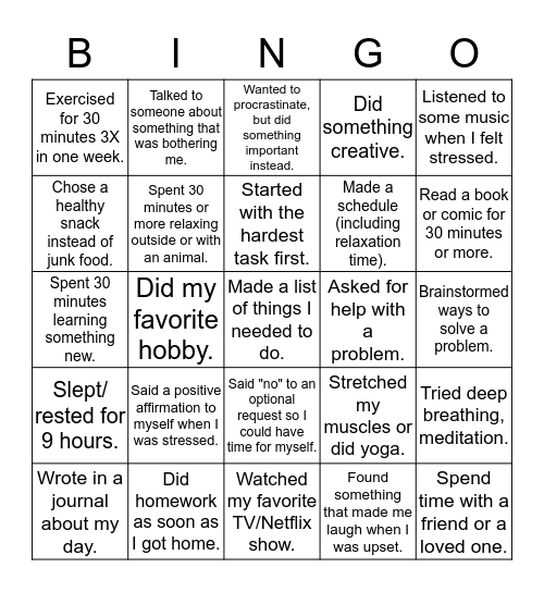 Stress Management Bingo Card