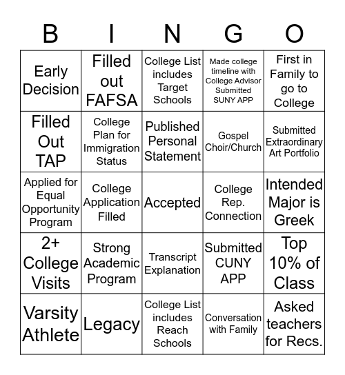 College Access Bingo Card