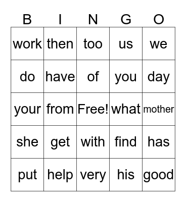 Unit 1 Sight Words Bingo Card