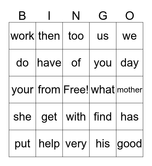 Unit 1 Sight Words Bingo Card