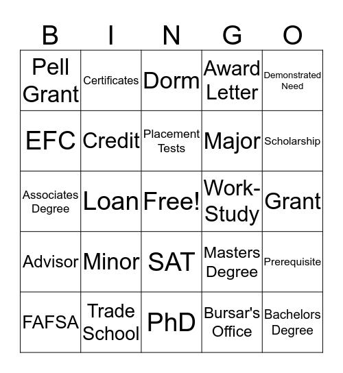 College Bingo Card