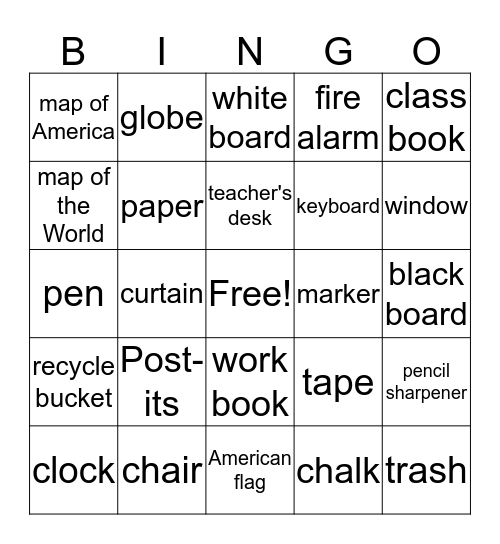 Classroom Bingo Card