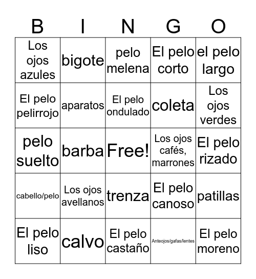 Ojos y pelo Bingo Card