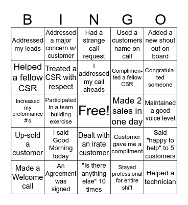 Customer Service Bingo Card