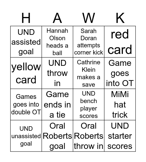 Fighting Hawks Bingo Card