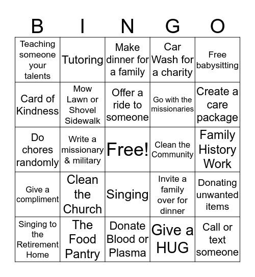 Service/Volunteer Bingo Card