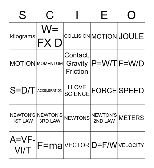 MOTION/FORCES Bingo Card