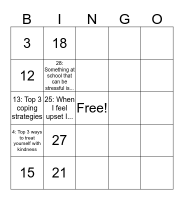 Coping Skills Bingo Card