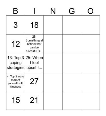 Coping Skills Bingo Card