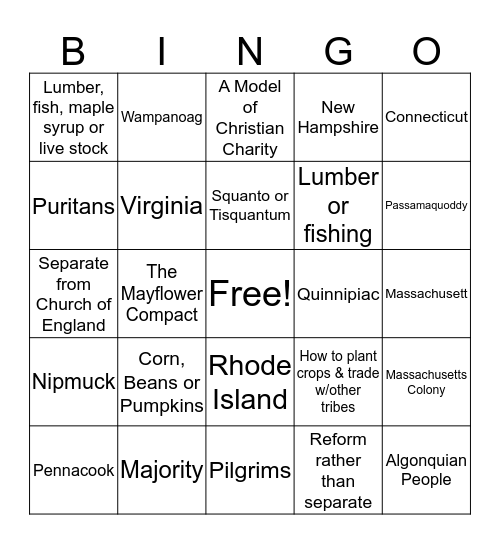 New England Colonies Bingo Card