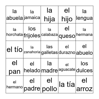 La Familia & La Comida Bingo Card