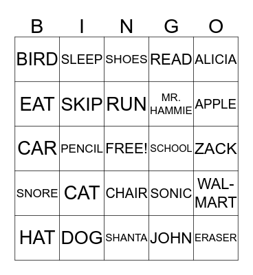 Noun & Verb BINGO Card