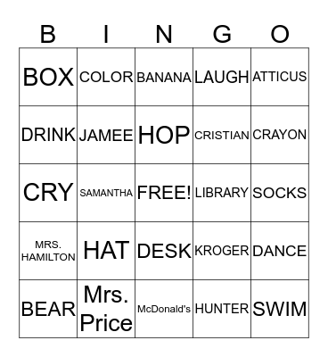 Noun & Verb BINGO  Bingo Card