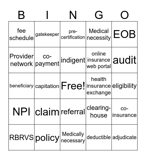 Insurance Billing Terms Bingo Card