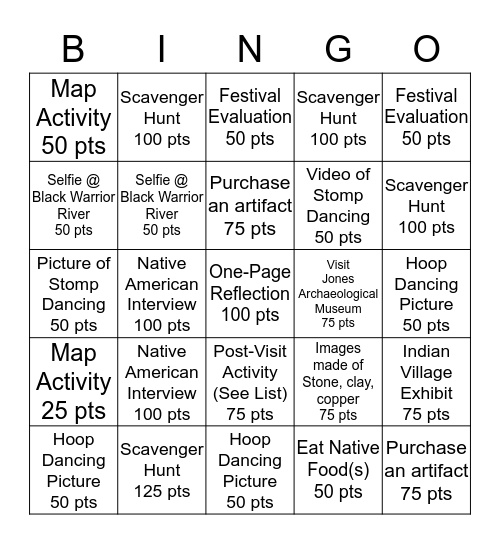 Ms. Jenkins' Native American Festival Field Trip Bingo Card
